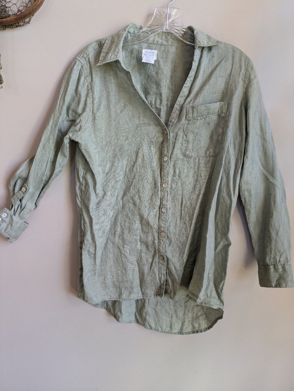 sigrid olsen 100% linen woman XS blouse green button up long sleeve #737